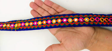 Royal Blue And Red Indian Mirror Trim Kutch Embroidered Navratri Garba Dress Trim Bridal Lace, Sari Border 30 mm Wide Trim Per 3 Yards